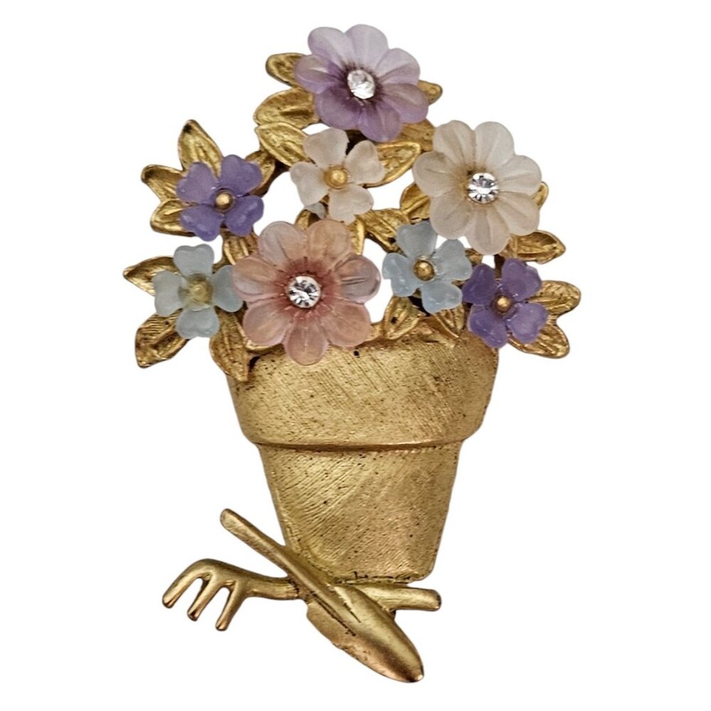 LIA Lucite Pink, Purple Blooms Garden Tools  Flower Pot Brooch Pin, Signed L496